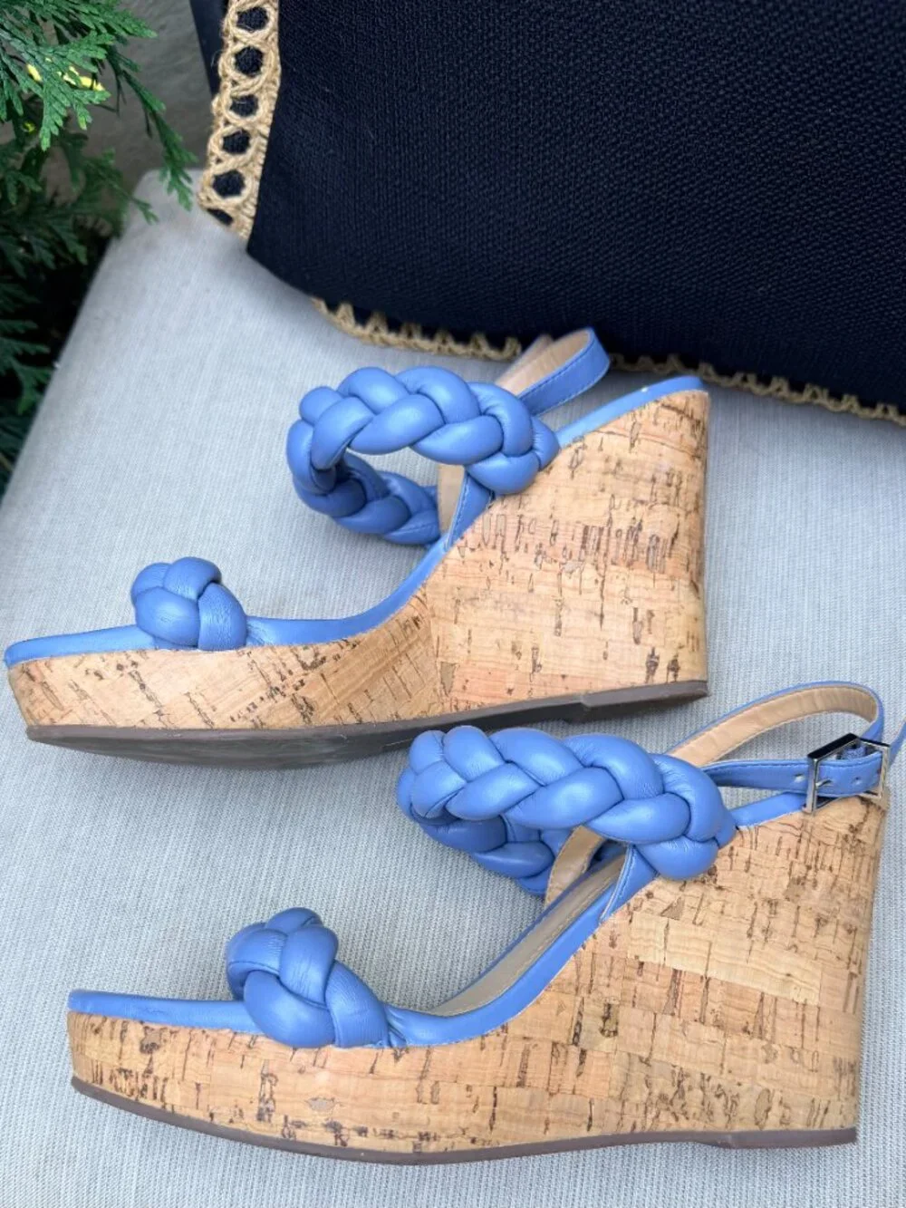 Schutz Cornflower/Periwinkle Blue Braided Leather Cork Platform Wedge Sandals 9